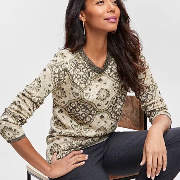 JM Collection Cream and Brown Crew Neck Sweater - Picture 1 of 12